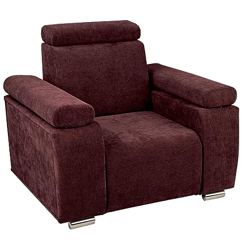Sessel mit verstellbarer Kopfstütze und Armlehnen kastanienbraun mit silberfarbenen Beinen - aus kariertem Stoff, zur einfachen Selbstmontage - Sessel für Wohnzimmer, Schlafzimmer, einzeln und im Set von postergaleria