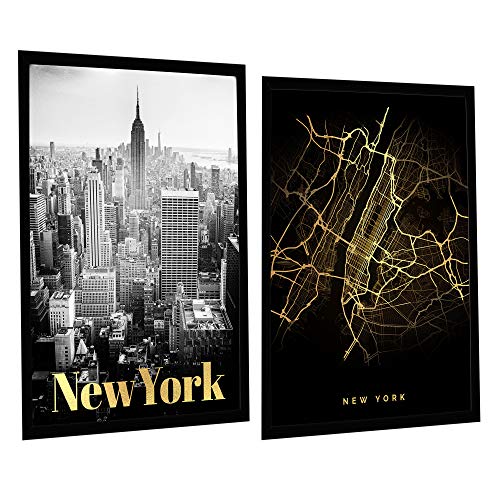 postergaleria 2er Set Design Poster | 50x70cm | mit Gold Bilderrahmen | Weiße, Gold, Schwarz| Goldene New York | Bilder für Küche, Büro, Wohnzimmer, Schlafzimmer | Vergoldet, 2 x 50x70 cm von postergaleria