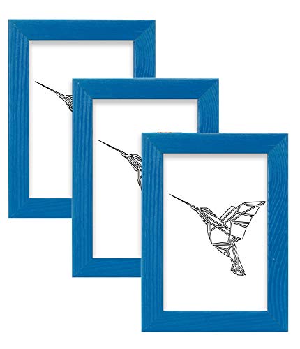 Bilderrahmen Set 3 Stück A6 10x15 cm – Farbe Blau, aus Holz, mit Acrylglas – zum vertikalen oder horizontalen Aufhängen / Aufstellen, für Fotos, Poster, Puzzles von Postergaleria