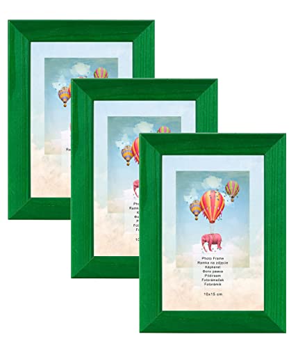 Bilderrahmen Set 3 Stück 10x15 cm – Farbe Grün, aus Holz, mit Acrylglas – zum vertikalen oder horizontalen Aufhängen/Aufstellen, für Fotos, Poster, Puzzles von postergaleria