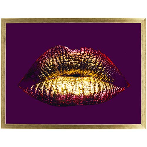 postergaleria Design Poster | 40x50cm | mit Gold Bilderrahmen | Goldene Lippen auf einem Violetter Hintergrund | Bilder für Küche, Büro, Wohnzimmer oder Schlafzimmer | Vergoldet von postergaleria