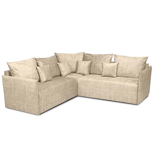 postergaleria Ecksofa mit Kissen beige - Sofa 3 Sitzer L Form aus Veloursstoff, mit Armlehnen, verstellbar mit Klappmodulen - L Sofa für Wohnzimmer, Büro, Wohnlandschaft L-Form von postergaleria