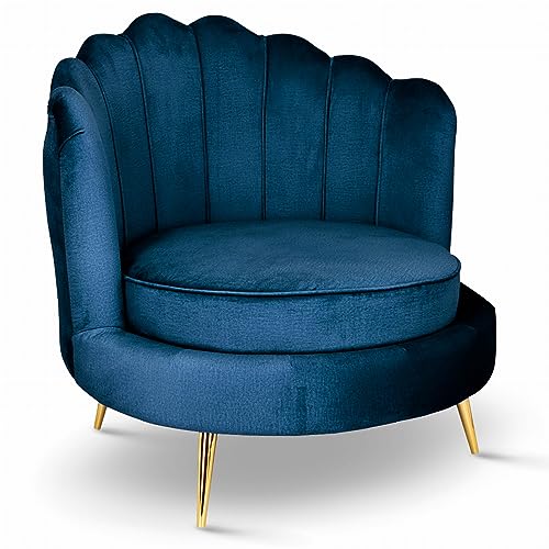 postergaleria Sessel mit Muschel Rückenlehne, Sessel dunkelblau - mit goldene Beine, mit tiefer Sitzfläche, in Samtstoff, 97 x 96 x 76 cm - Sessel Wohnzimmer, Schlafzimmer Deko, Schminktisch Stuhl von postergaleria