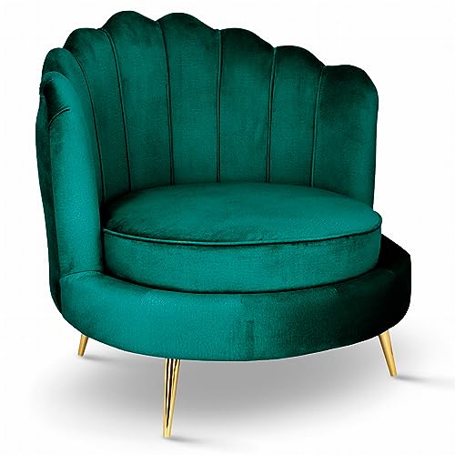 postergaleria Sessel mit Muschel Rückenlehne, Sessel dunkelgrün - mit goldene Beine, mit tiefer Sitzfläche, in Samtstoff, 97 x 96 x 76 cm - Sessel Wohnzimmer, Schlafzimmer Deko, Schminktisch Stuhl von postergaleria