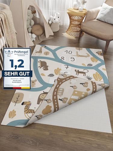 pourlea® Spielteppich beidseitig bespielbar | Oeko Tex Kinderteppich inkl. Antirutschmatte | Teppich Kinderzimmer 140 x 200 cm | Wendbarer Safari & Autoteppich | Straßenteppich zum Spielen & Lernen von pourlea