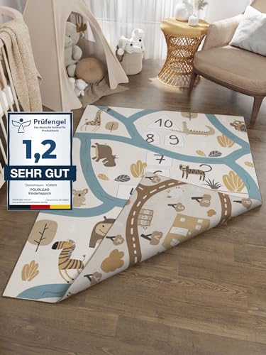 pourlea® Teppich Kinderzimmer beidseitig bespielbar | ÖkoTex Kinderteppich Beige | Spielteppich 140x200 cm | Wendbarer Safari & Autoteppich | Straßenteppich zum Spielen & Lernen für Junge & Mädchen von pourlea