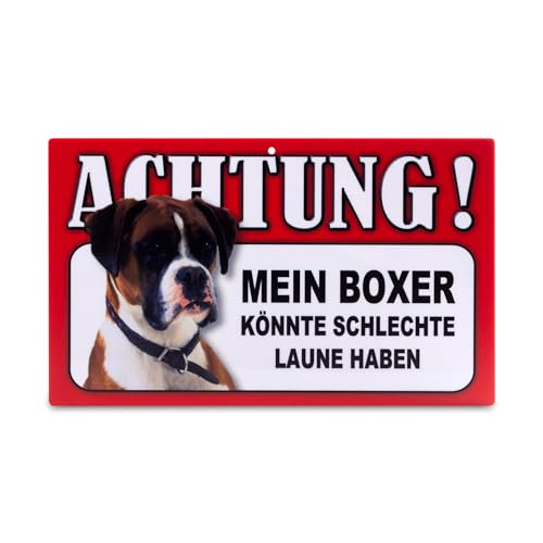 power gift - Auffallendes Warnschild. Schild mit lustigen Text und Hunde Abbildung. Tor, Tür und Gartenschild. Warnzeichen. Sicherheitsschild. Tafel. Tierwarnschild. (BOXER) von power gift