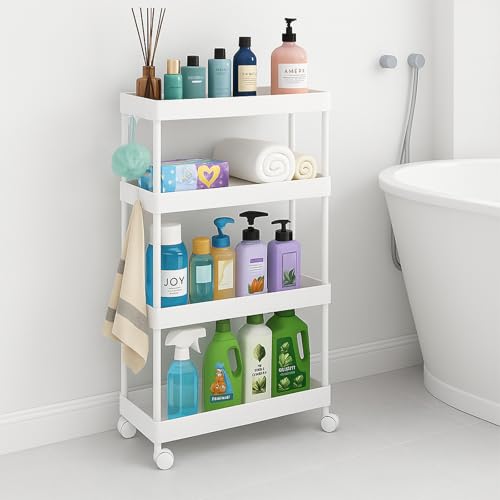 powerking 4-Tier Slim Rolling Aufbewahrungswagen, Utility Regal Rack Aufbewahrungswagen Mobile Regal Organizer für Küche, Badezimmer, Waschraum, Schlafzimmer, Schmale Plätze (Weiß, 4-Tiers) von powerking
