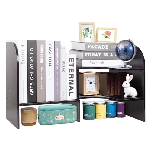 powerking Holz einstellbare Arbeitsplatte Bücherregal, Desktop Storage Organizer Display Regal Rack, erweiterbare Bürobedarf Bücherregal mit Eckdesign, Schwarz von powerking