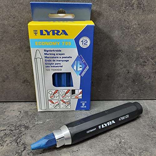Lyra Profi Markierkreide mit Kreidehalter -12xSignierkreide für Holz, Metall, Stein, Beton, Fliesen,1 Halter Forstkreide (Blau) von powerpreis24