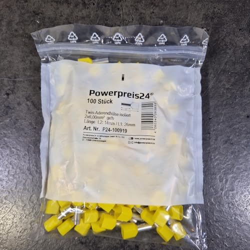 100 Stück 2x 6 mm² TWIN-Aderendhülsen isoliert gelb von powerpreis24de 100 Stück 2x 6 mm² TWIN-Aderendhülsen isoliert gelb von powerpreis24de von powerpreis24