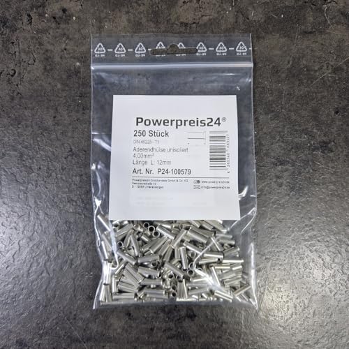 250 Stück 4,00 mm² Aderendhülsen unisoliert blank von powerpreis24de 250 Stück 4,00 mm² Aderendhülsen unisoliert blank von powerpreis24de von powerpreis24