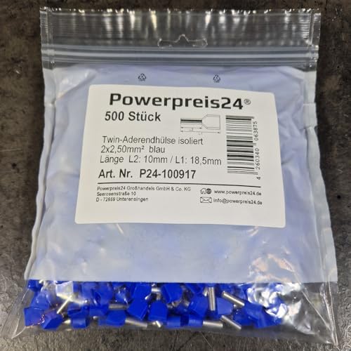 500 Stück 2x 2,5 mm² TWIN-Aderendhülsen isoliert blau von powerpreis24de 500 Stück 2x 2,5 mm² TWIN-Aderendhülsen isoliert blau von powerpreis24de von powerpreis24