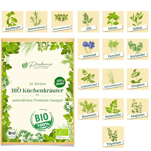 BIO Kräuter Samen Set: 16 Sorten Garten- und Küchenkräuter samenfestes Saatgut Kräutersamen Set Bio Saatgut von prademir