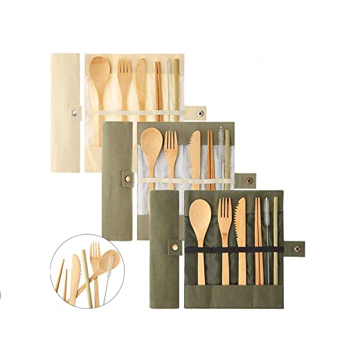 Bambus Besteck Set (creme) | Reisebesteck | umweltfreundliches Besteckset | Messer, Gabel, Löffel, Stäbchen und Strohhalm| Besteck Holz | Besteck für unterwegs inkl. Öko-Tasche von prademir