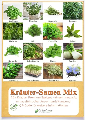 Prademir – Kräutersamen Set aus 16 beliebten Küchenkräutern – Kräuter Anzuchtset mit 100% Natursamen aus Portugal – Kräuter Saatgut aus Oregano, Thymian, Majoran, Rosmarin, Dill, Basilikum, Salbei uvm von prademir