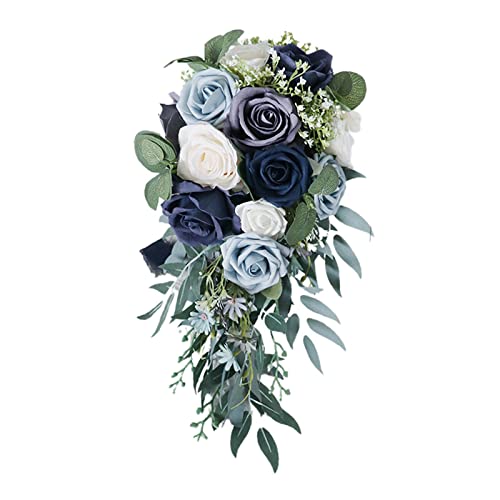 predolo Eleganter Hochzeits-Brautstrauß Rosen-Wasserfall-künstlicher Halte-strauß für Kirche-Zeremonie-Feiern-Dekor-, Blau von predolo