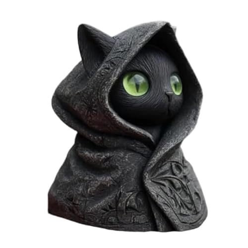 predolo Katzenskulptur Katzenfigur Kapuzenkatze Statue aus Langlebigem Harz Und Leuchtenden Augen für Flur Regal Geschenk Dekoration, Grüne Augen von predolo