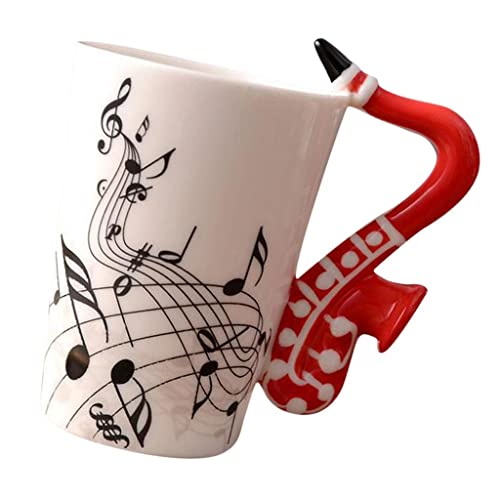 predolo Keramik Tasse mit Musiknoten, Kaffeetasse, Tee, Musiker, Musik, Klavier, Instrument, Lehrer, Geschenk, Rotes Saxophon von predolo