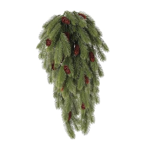 predolo Künstliche Hängepflanze Weihnachtsdekoration Faux Pflanze Kunstpflanze Weihnachtskranz aus PVC Material für Wohnzimmer Büro Party Zuhause, Grün mit Zapfen von predolo