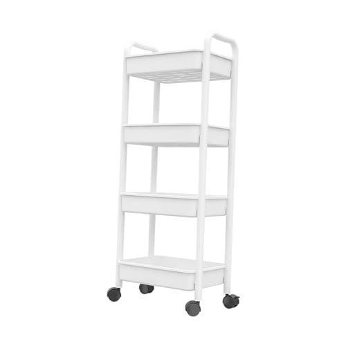 predolo Rollwagen mit 4 Ebenen und Rädern, mobiles Bücherregal, Lagerwagen auf Rädern für die Waschküche, Weiß von predolo