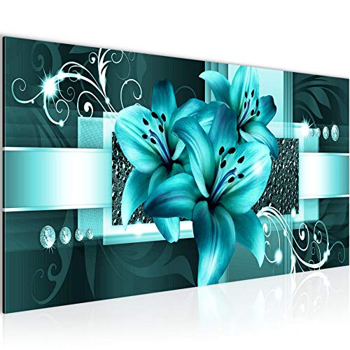 Runa Art Wandbild Blumen Lilien 1 Teilig 100 x 40 cm Modern Bild auf Vlies Leinwand Abstrakt Wohnzimmer Türkis 008612a von Runa Art