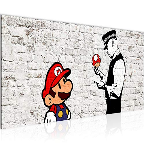 Runa Art Wandbild Mario and Cop Banksy 1 Teilig 100 x 40 cm Modern Bild auf Vlies Leinwand Street Art Jugendzimmer Wohnzimmer Weiss Bunt 006512a von Runa Art