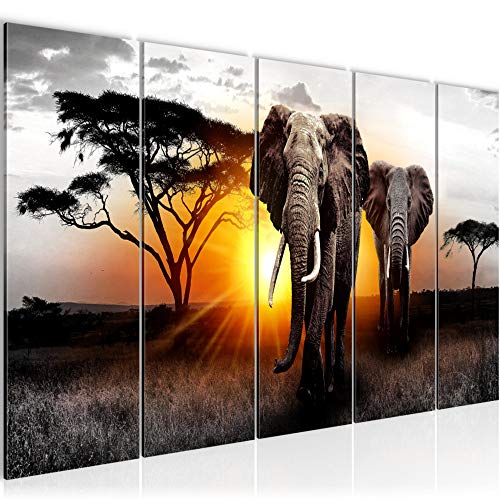 Runa Art Wandbild XXL Afrika Elefant Wohnzimmer Schlafzimmer 200 x 80 cm Grau Orange 5 Teilig - Made in Germany - 007655a von Runa Art