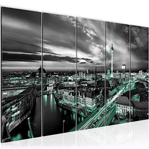 Runa Art Wandbild XXL Berlin Skyline Büro Wohnzimmer 200 x 80 cm Schwarz Türkis 5 Teilig - Made in Germany - 004355b von Runa Art