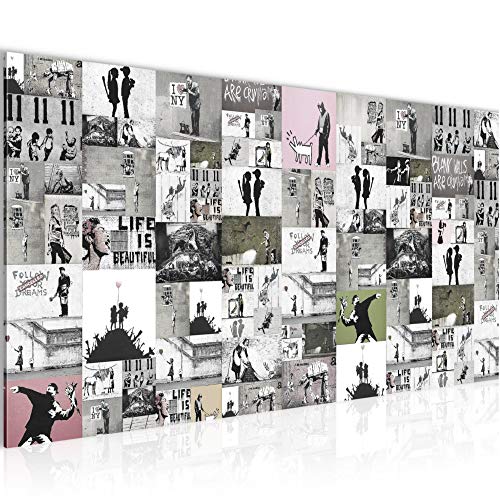 Runa Art Wandbild Collage Banksy 1 Teilig 100 x 40 cm Modern Bild auf Vlies Leinwand Street Art Loft Wohnzimmer Grau 302712b von Runa Art