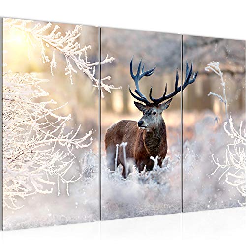 Runa Art Wandbilder Winter Hirsch Bild XXL Wohnzimmer Schlafzimmer Beige Wald Natur 120 x 80 cm 3 Teilig 004131a von Runa Art