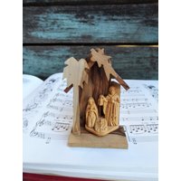 Vintage Weihnachten Geschnitzte Holz Krippenfigur Krippenszene Maria Baby Jesus Joseph in Stabilen Palmen Handgefertigt Olivenholz Ornament Set von primitivepincushion