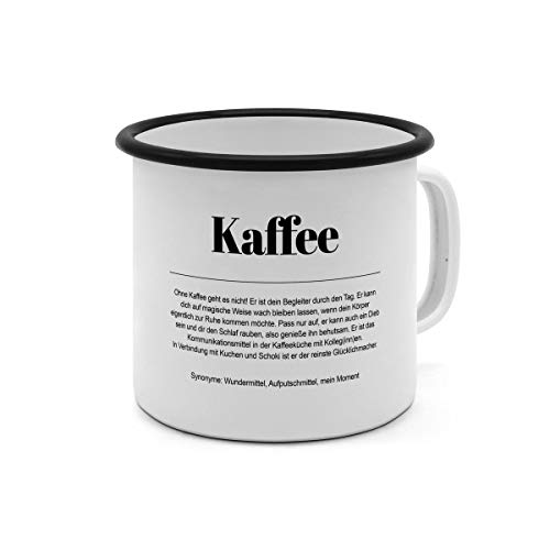 Emaille-Tasse mit Definition Kaffee - Tasse mit Spruch, Wörterbuchtasse, Geschenktasse, witzig, Kaffeebecher, Becher, Tasse, Becher - Farbe Weiß/Schwarz von printplanet