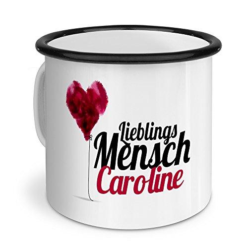 Emaille-Tasse mit Namen Caroline - Metallbecher mit Design Lieblingsmensch - Nostalgie-Becher, Camping-Tasse, Blechtasse, Farbe Schwarz von printplanet