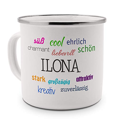 Emaille-Tasse mit Namen Ilona - Metallbecher mit Design Positive Eigenschaften - Nostalgie-Becher, Camping-Tasse, Blechtasse, Farbe Silber von printplanet