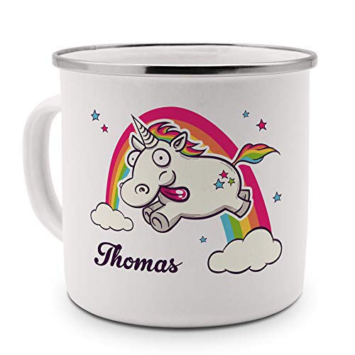 Emaille-Tasse mit Namen Thomas - Metallbecher mit Design Verrücktes Einhorn - Nostalgie-Becher, Camping-Tasse, Blechtasse, Farbe Silber von printplanet