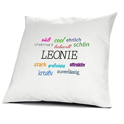 printplanet Kopfkissen mit dem Namen Leonie, Kissen mit Füllung - Positive Eigenschaften, 40 cm, 100% Baumwolle, Kuschelkissen, Liebeskissen, Namenskissen, Geschenkidee von printplanet