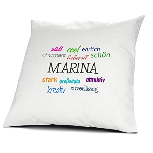 Kopfkissen mit dem Namen Marina, Kissen mit Füllung - Positive Eigenschaften, 40 cm, 100% Baumwolle, Kuschelkissen, Liebeskissen, Namenskissen, Geschenkidee von printplanet