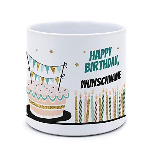 printplanet® - Blumentopf mit Namen oder Text selbst gestalten - Pflanztopf Bedrucken - Motiv: Happy Birthday Kuchen von printplanet