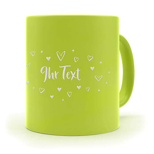 printplanet® - Neon-Tasse mit Namen selbst gestalten - Namenstasse gravieren - Farbe: Gelb - Motiv: Herzchen von printplanet