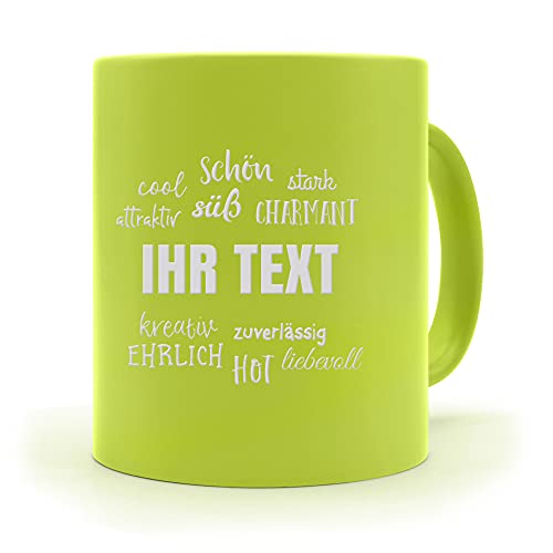 printplanet® - Neon-Tasse mit Namen selbst gestalten - Namenstasse gravieren - Farbe: Gelb - Motiv: Positive Eigenschaften von printplanet