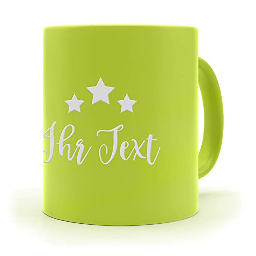 printplanet® - Neon-Tasse mit Namen selbst gestalten - Namenstasse gravieren - Farbe: Gelb - Motiv: Sterne von printplanet