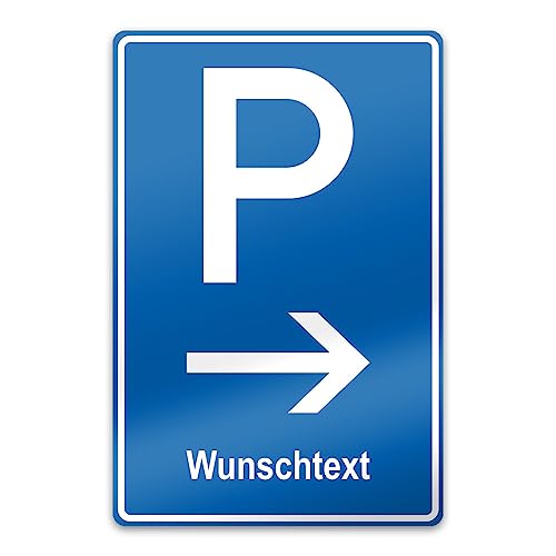 PrintPlanet® Parkschild mit eigenem Text personalisieren - Alu-Dibond 3 mm Weiß - Verschiedene Größen - Parkplatz (P) mit Pfeil (Rechts) + 1 Textzeile von printplanet