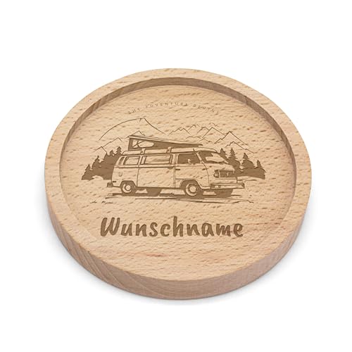 PrintPlanet® - Personalisierter Holz-Untersetzer mit Gravur - Untersetzer mit Namen personalisiert - Motiv: Camper von printplanet