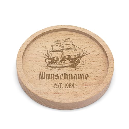 PrintPlanet® - Personalisierter Holz-Untersetzer mit Gravur - Untersetzer mit Namen personalisiert - Motiv: Schiff von printplanet