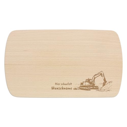 PrintPlanet® - Personalisiertes Holz-Frühstücksbrettchen mit Gravur für Kinder - Schneidebrett mit Namen personalisiert - Motiv: Bagger von printplanet