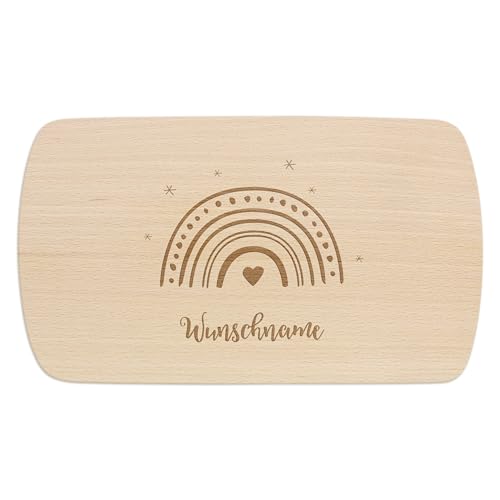 PrintPlanet® - Personalisiertes Holz-Frühstücksbrettchen mit Gravur für Kinder - Schneidebrett mit Namen personalisiert - Motiv: Regenbogen von printplanet