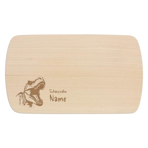 PrintPlanet® - Personalisiertes Holz-Frühstücksbrettchen mit Gravur für Kinder - Schneidebrett mit Namen personalisiert - Motiv: T-Rex von printplanet