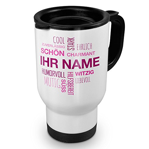 printplanet® Thermobecher weiß mit Namen personalisiert - Motiv Positive Eigenschaften (Modern) Pink individuell gestalten - Coffee to Go Becher, Thermo-Tasse von printplanet