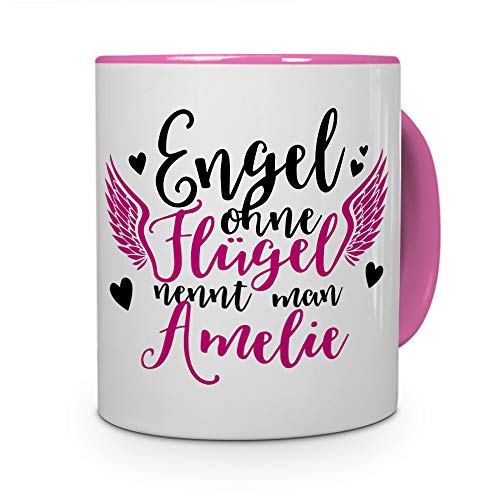 Tasse mit Namen Amelie - Motiv Engel - Namenstasse, Kaffeebecher, Mug, Becher, Kaffeetasse - Farbe Rosa von printplanet